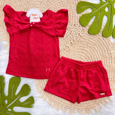 Conj. Blusa com Pérola e Short em Lese - Vermelho